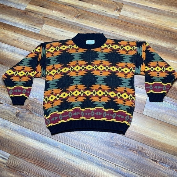 Vintage 80s Sweater by Custom Designs Mock Neck Southwest Pattern Knit USA - Picture 1 of 3
